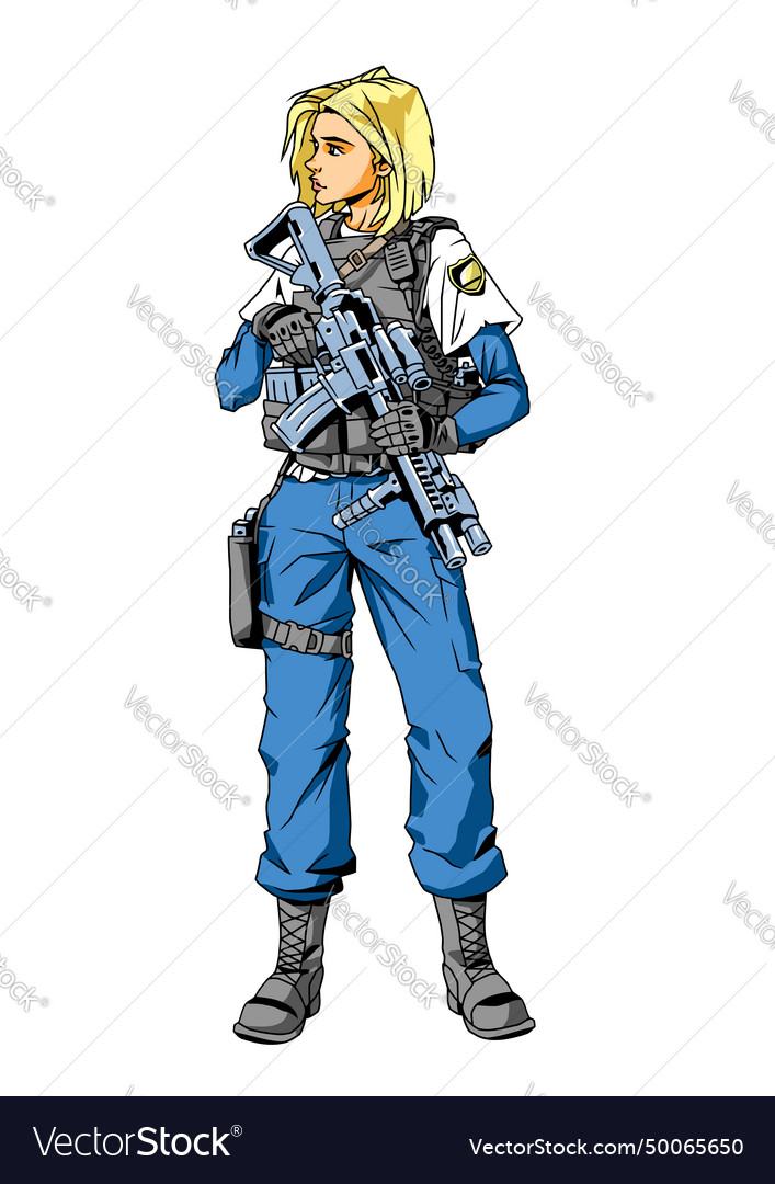 Police blonde girl officer with machine gun Vector Image