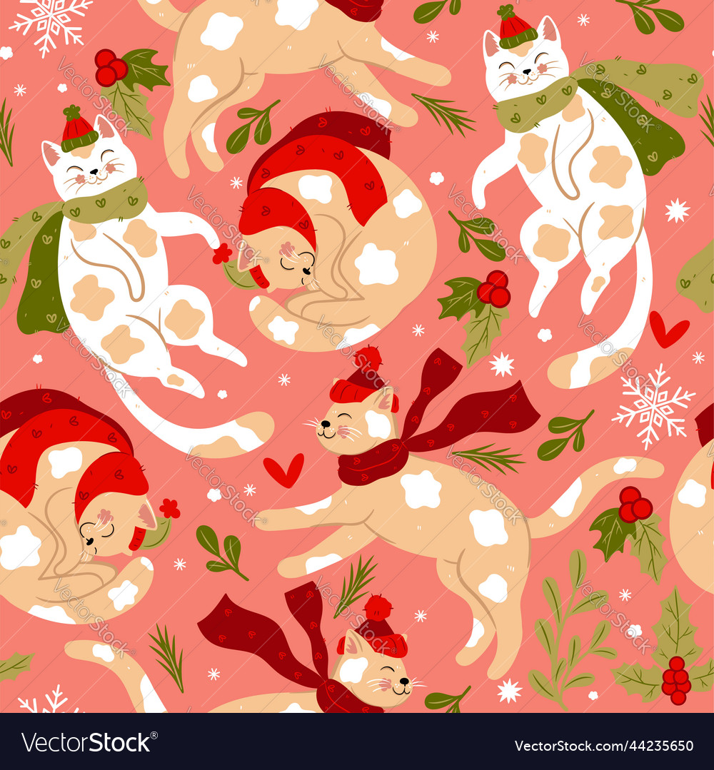 Seamless pattern with cute christmas cats in hats