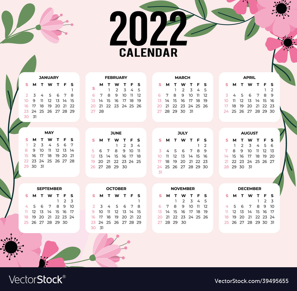 2022 Calendar Template With Floral Design Vector Image