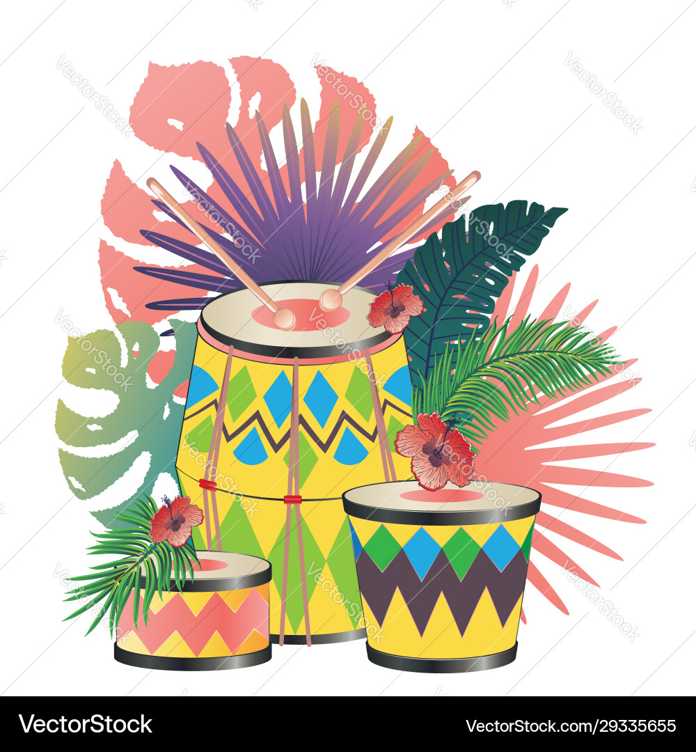 Festive drum with tropical leaves Royalty Free Vector Image
