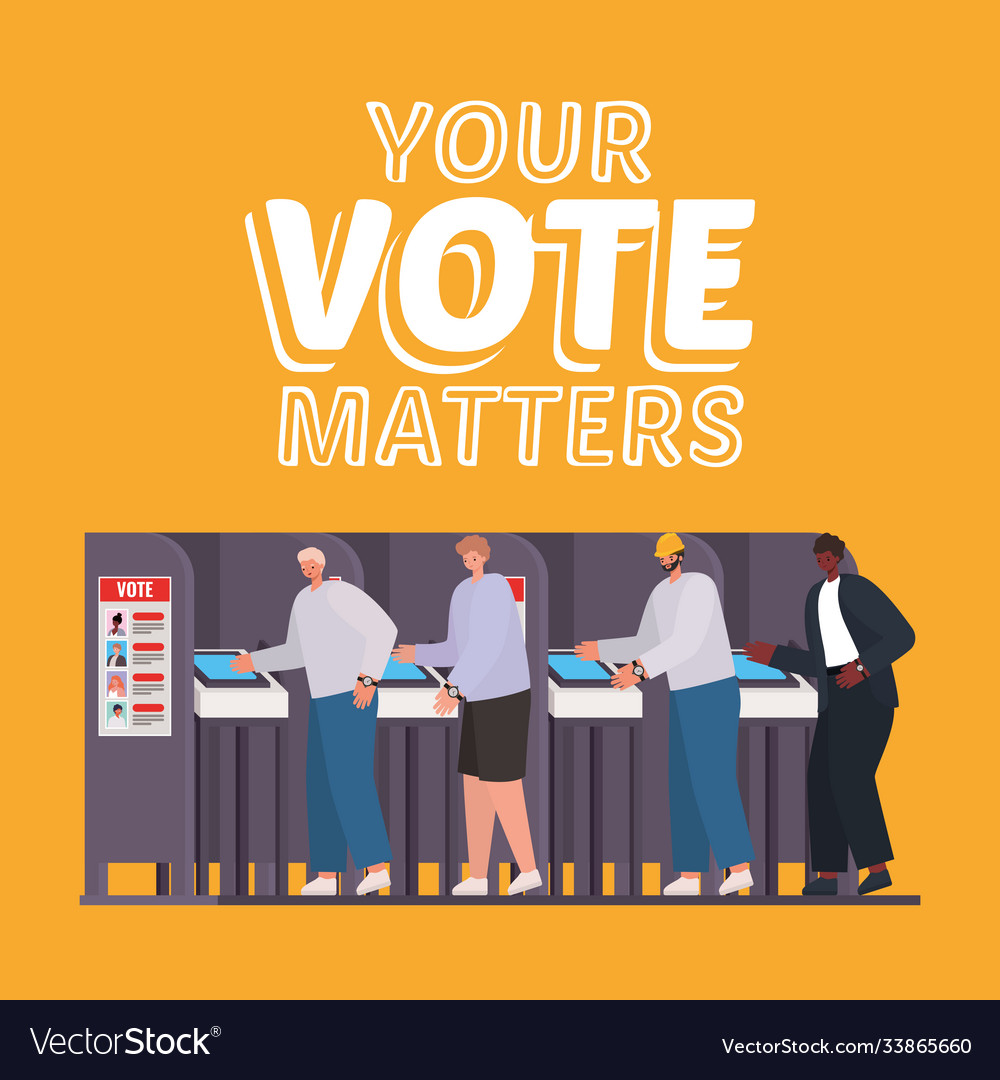 Men at voting booth with your vote matters text