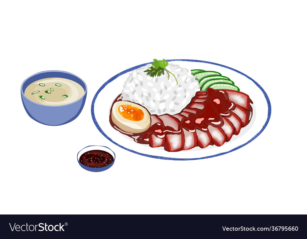 Rice with roasted red pork vector image Rice with roasted red pork