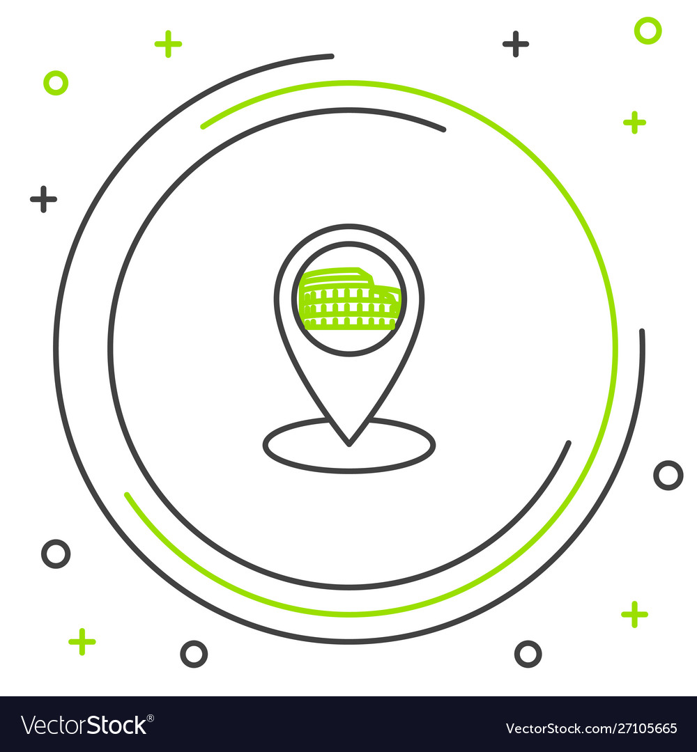 Black and green line map pointer with coliseum vector image Black and green line map pointer with coliseum