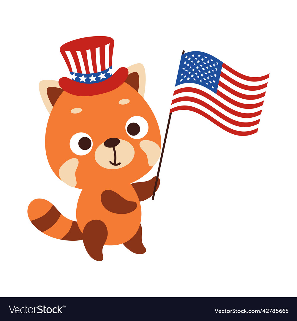 Cute little red panda holding flag of united