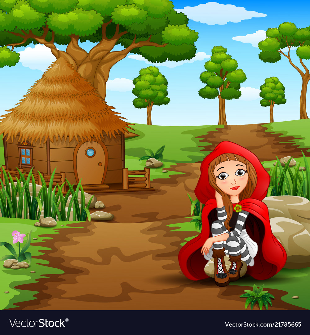 Red hooded girl are in the village at forest Vector Image