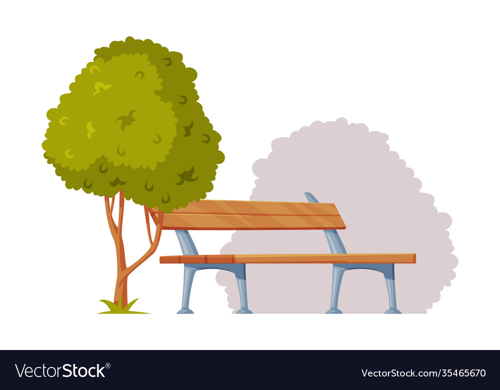 Cityscape view with park bench and tree