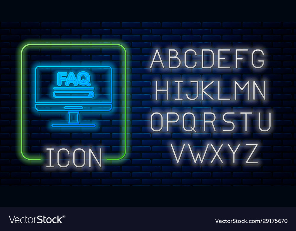 Glowing neon computer monitor with text faq