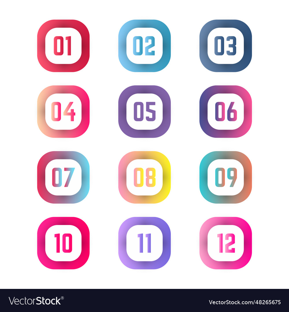 Colorful square bullet points from one to twelve vector image Colorful square bullet points from one to twelve