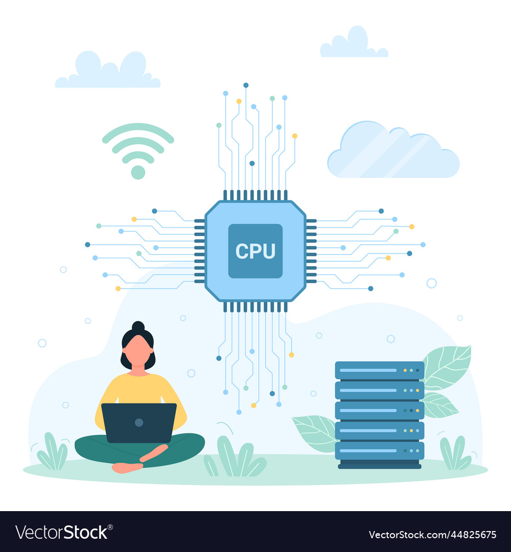 Cpu data computing tiny woman working with laptop vector image Cpu data computing tiny woman working with laptop