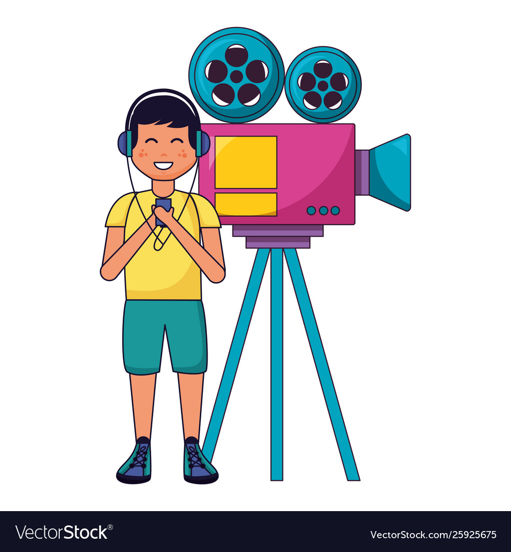 Man using headphones with projector camera