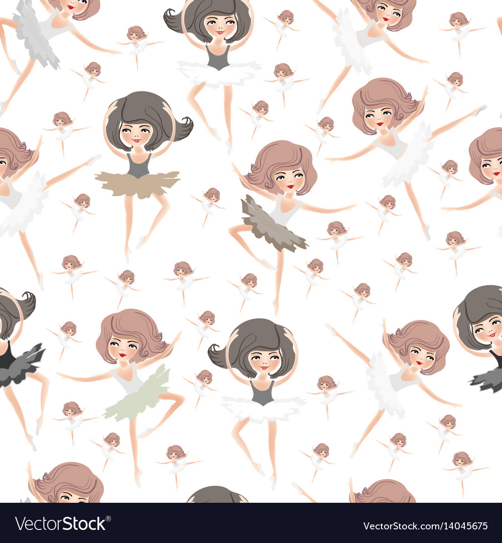 Seamless pattern with young dancing girls on a whi