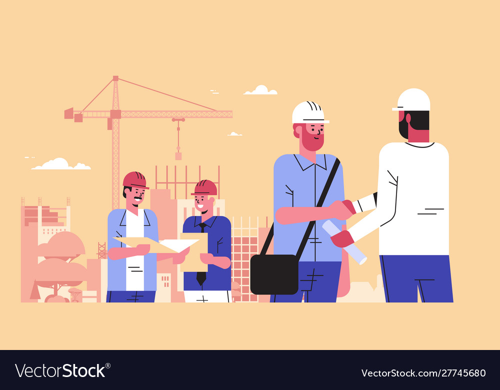 Builders team shaking hands during meeting mix Vector Image