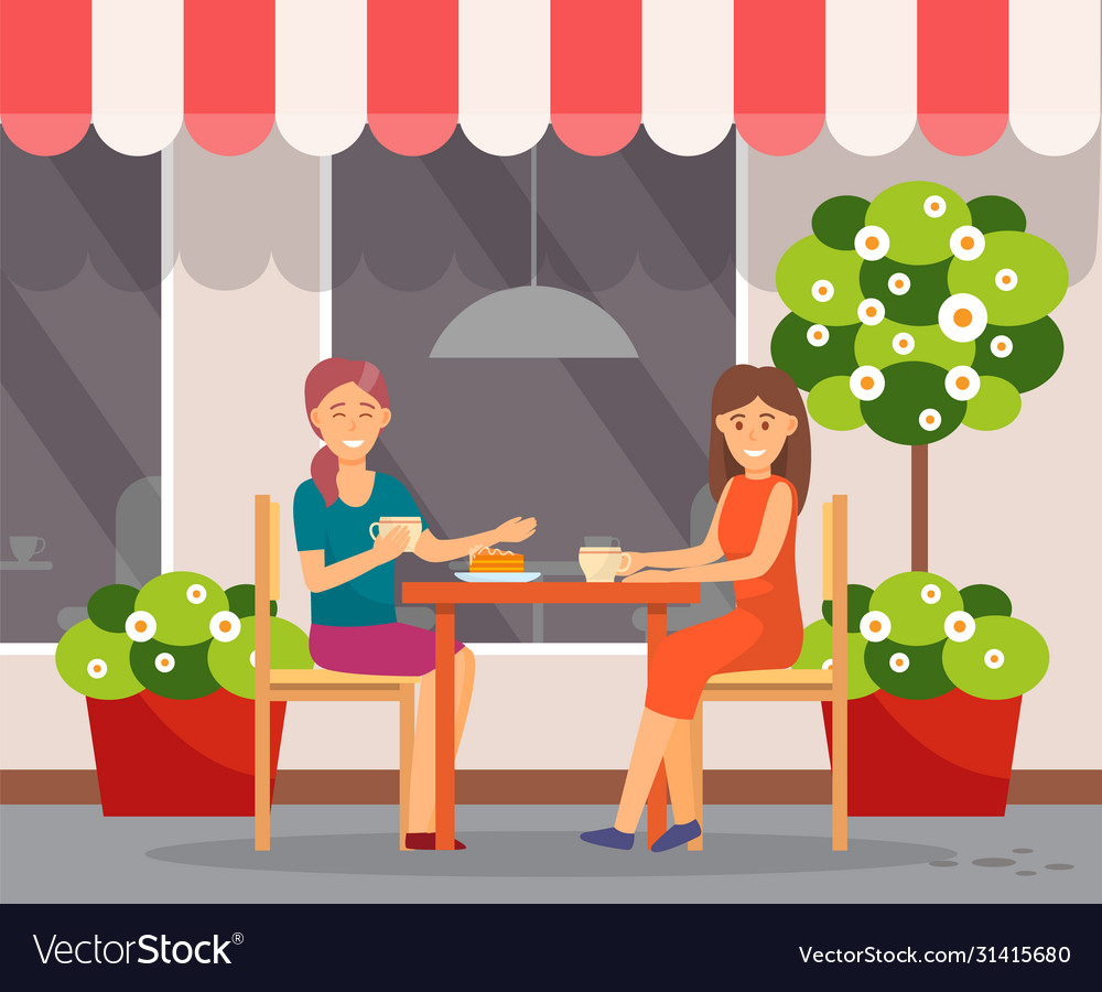 Women drink coffee on terrace friends talking Vector Image