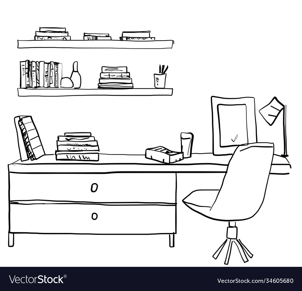 Workplace Interior Sketch Hand Drawn Office Vector Image