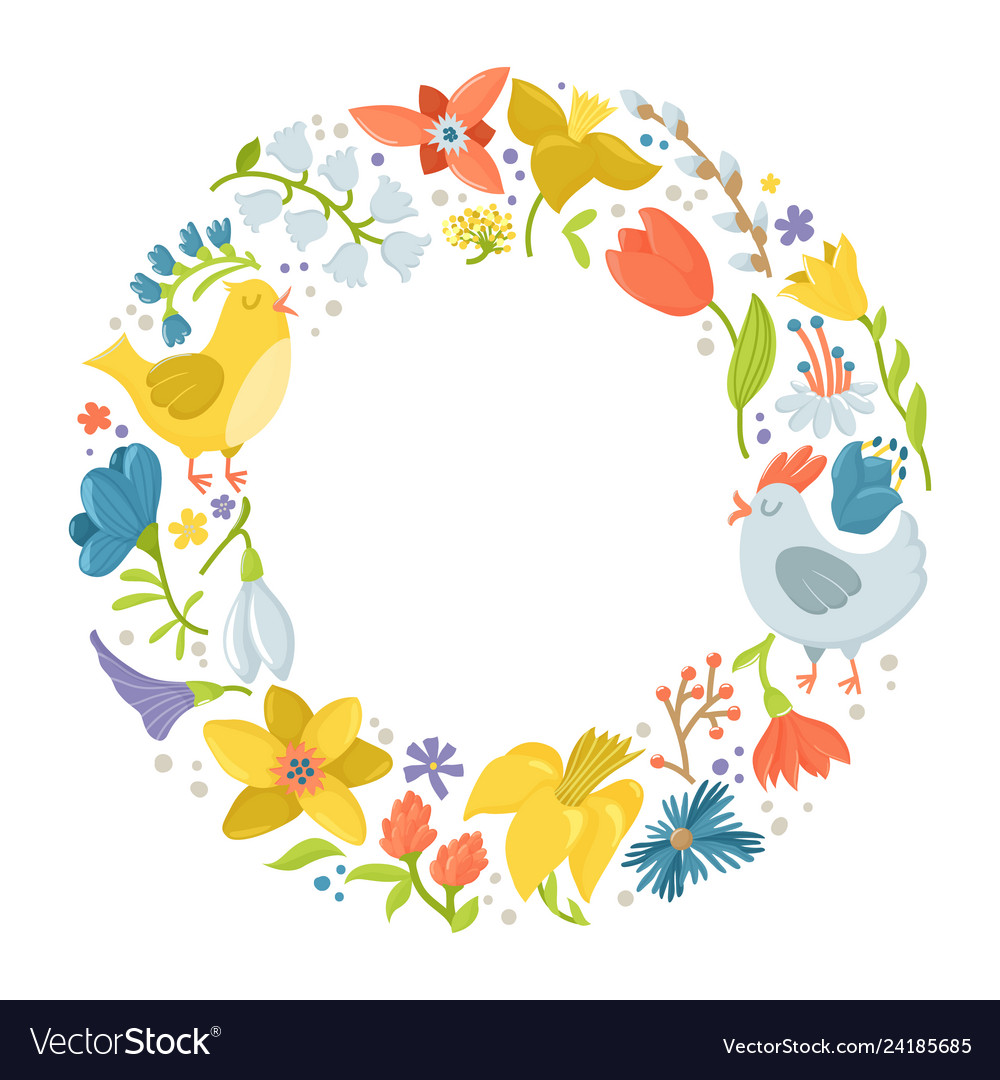 Round frame made of spring flowers hen rooster