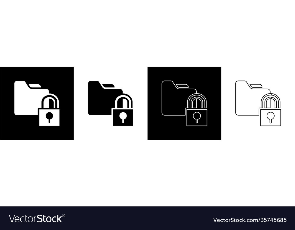 Set folder and lock icon isolated on black vector image Set folder and lock icon isolated on black