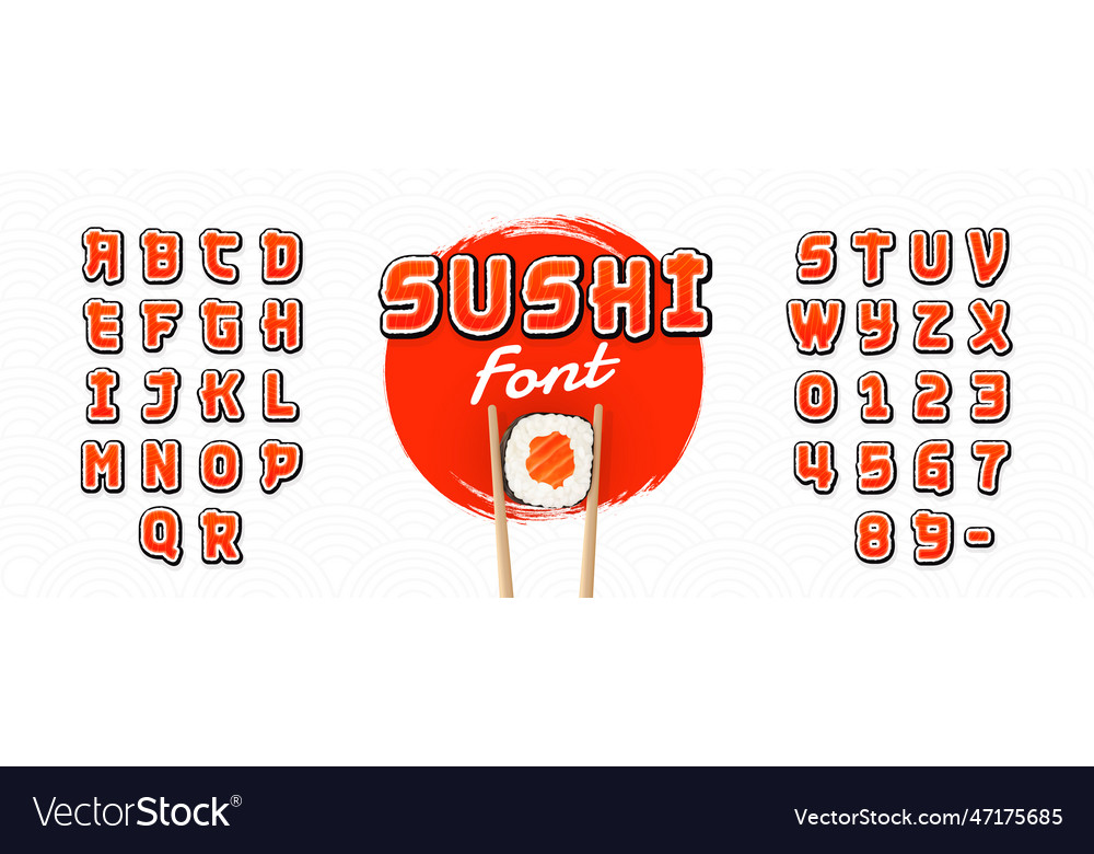 Sushi font letters and number in the form Vector Image