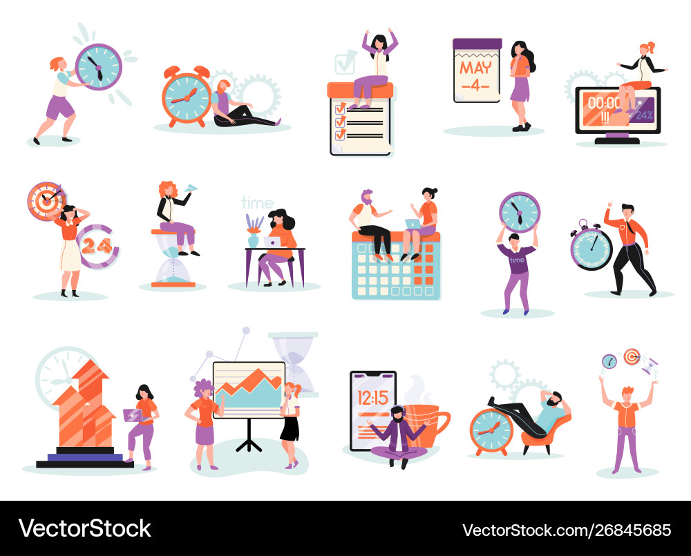 Time management flat set Royalty Free Vector Image