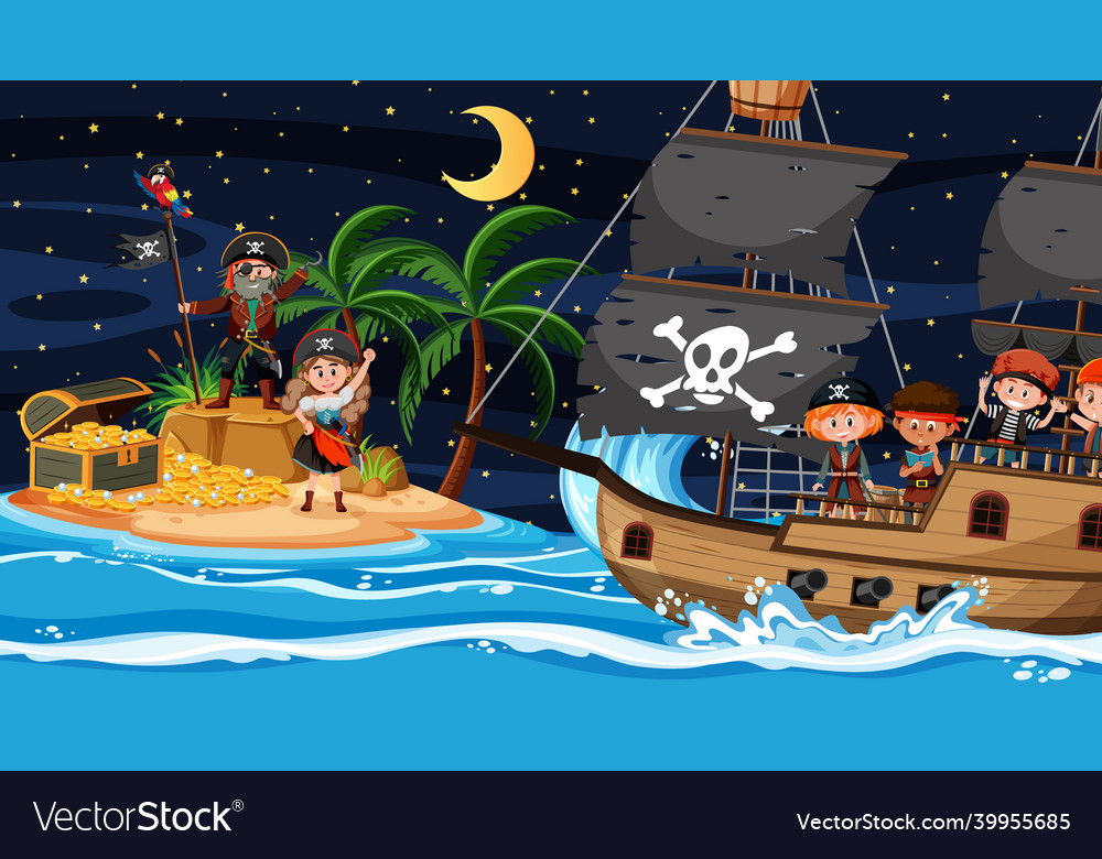 Treasure island scene at night with pirate kids