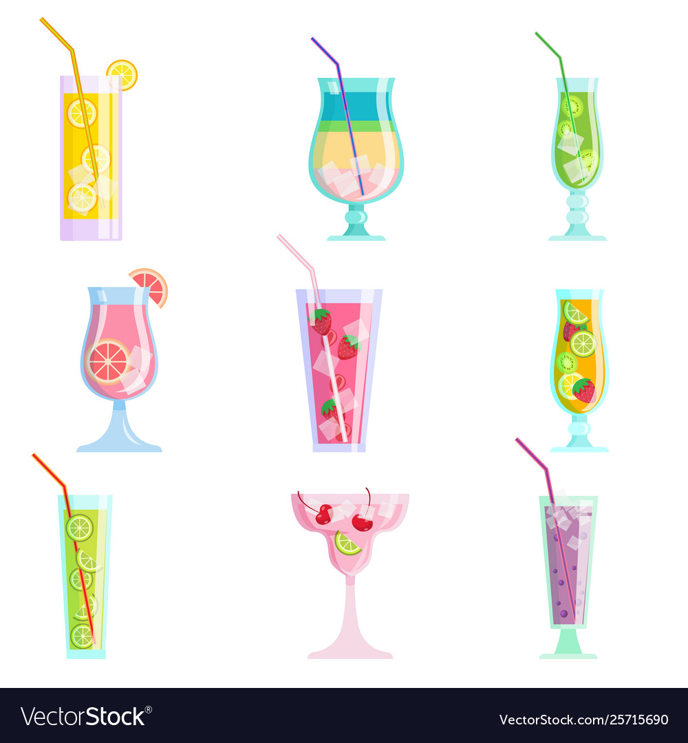 Set modern colorful tasty juice cocktails