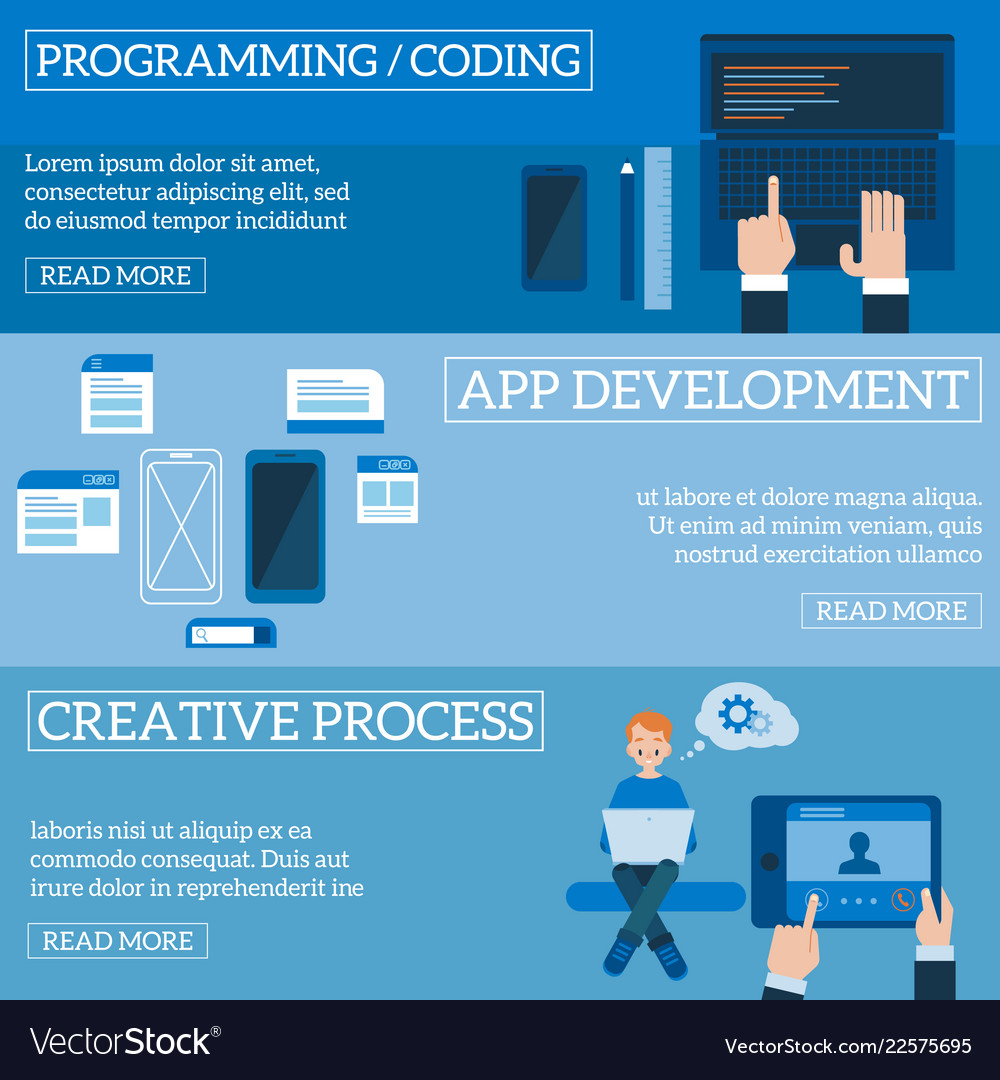Flat software apps development concept set vector image Flat software apps development concept set