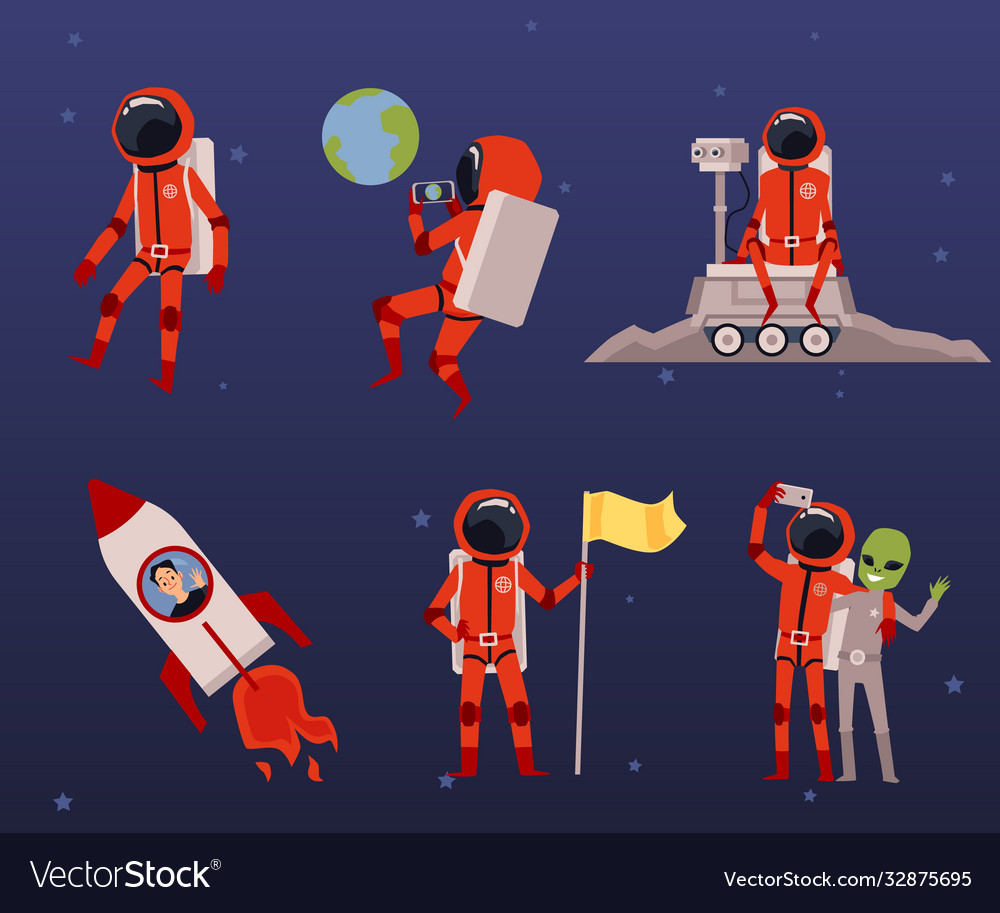Set with cosmonaut characters and rocket flat