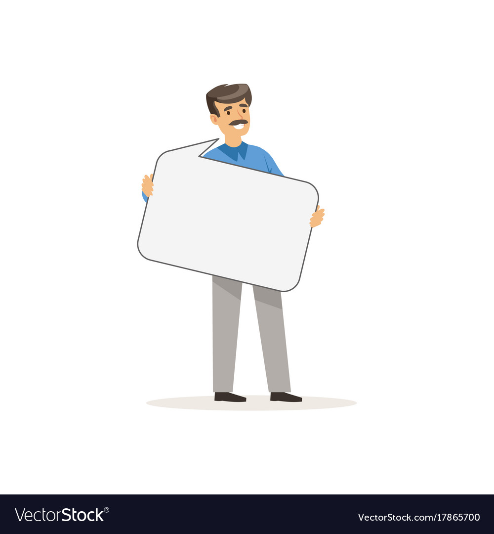 Businessman character with empty message board