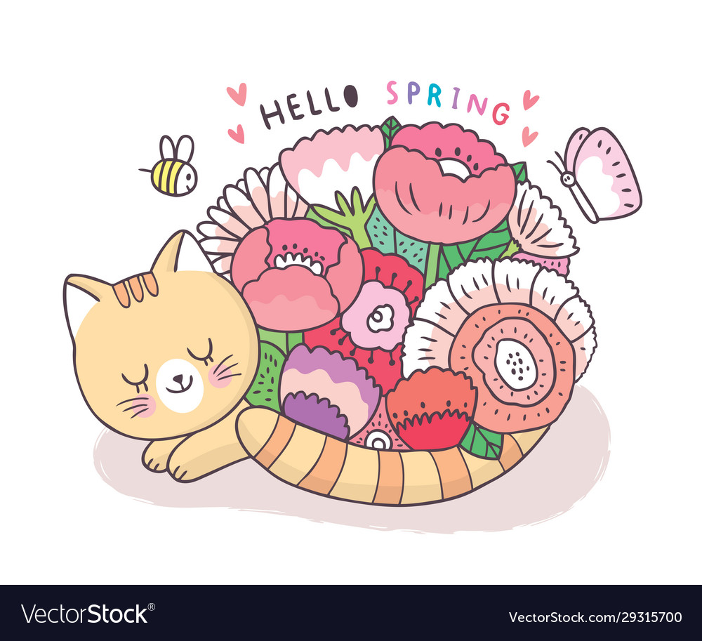 Cartoon cute spring cat and butterfly flower