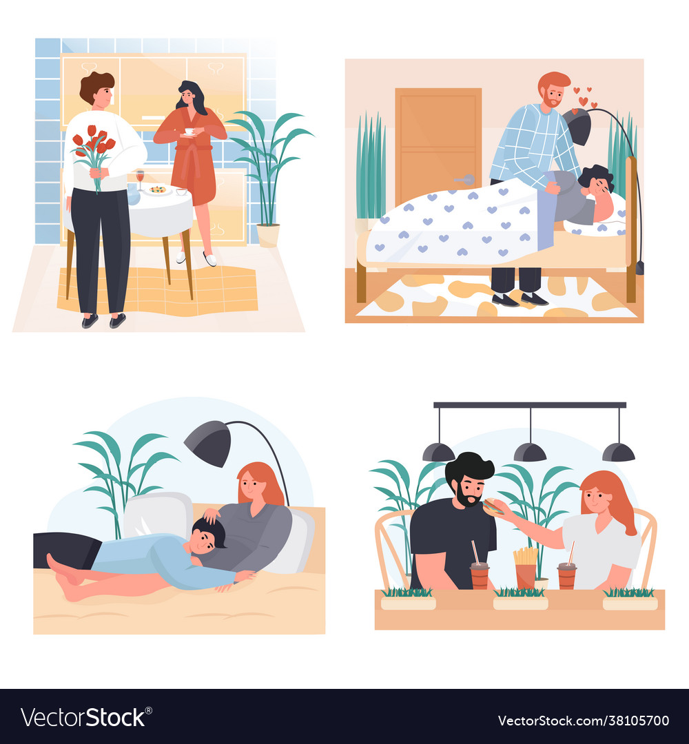 Conjugal relationship concept scenes set vector image Conjugal relationship concept scenes set