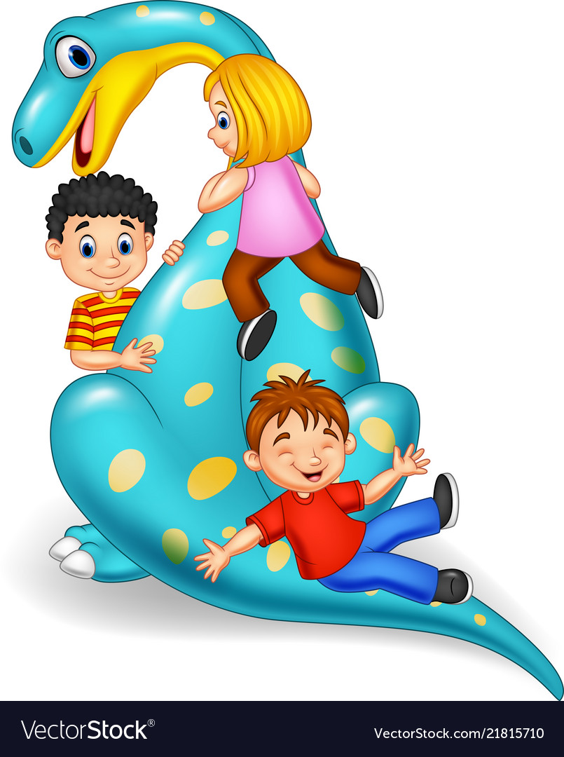 Cartoon little kid playing on the dinosaur