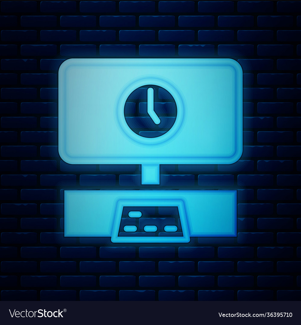 Glowing neon smart tv time icon isolated on brick vector image Glowing neon smart tv time icon isolated on brick