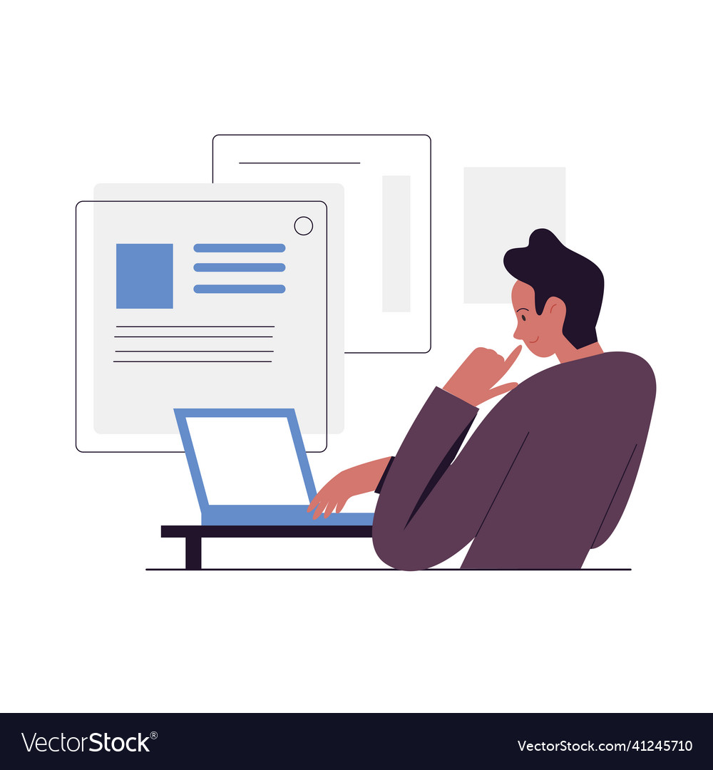 Man thinking and working online at computer