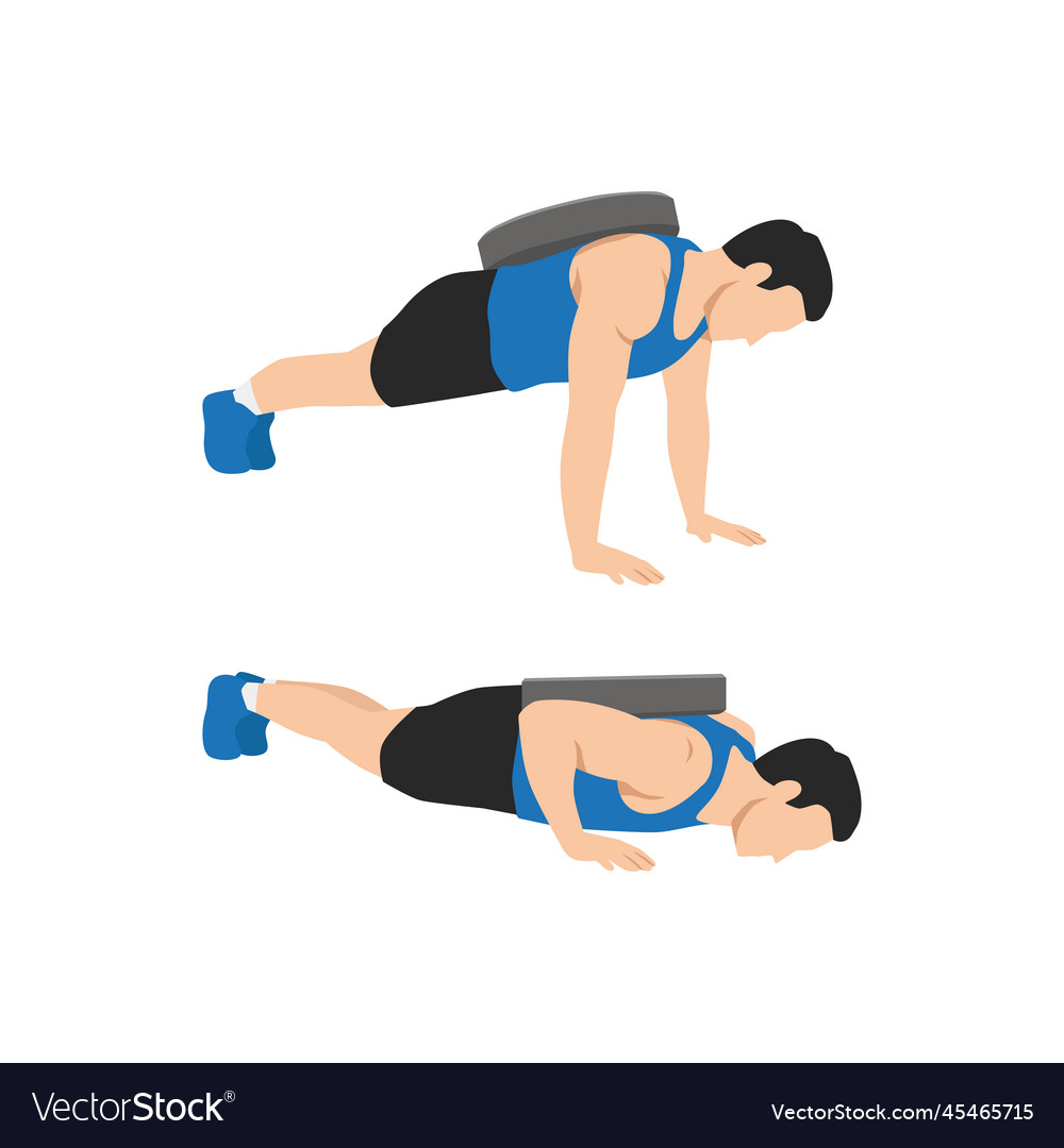 Man doing weighted push up flat vector image Man doing weighted push up flat