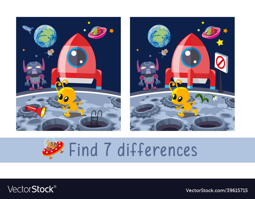 Rocket and alien on moon find 7 differences game vector image Rocket and alien on moon find 7 differences game