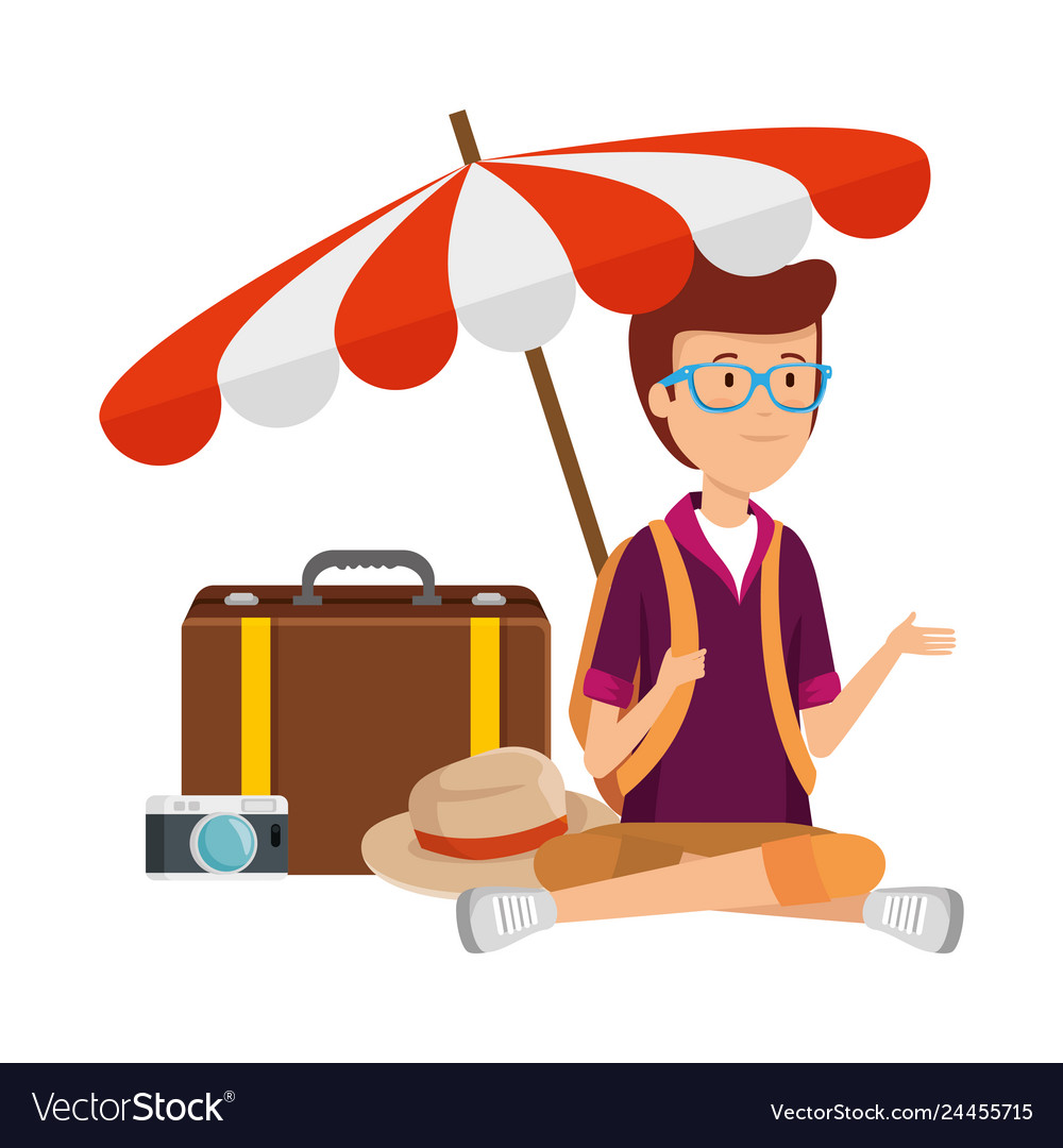 Tourist man with suitcase and umbrella Royalty Free Vector