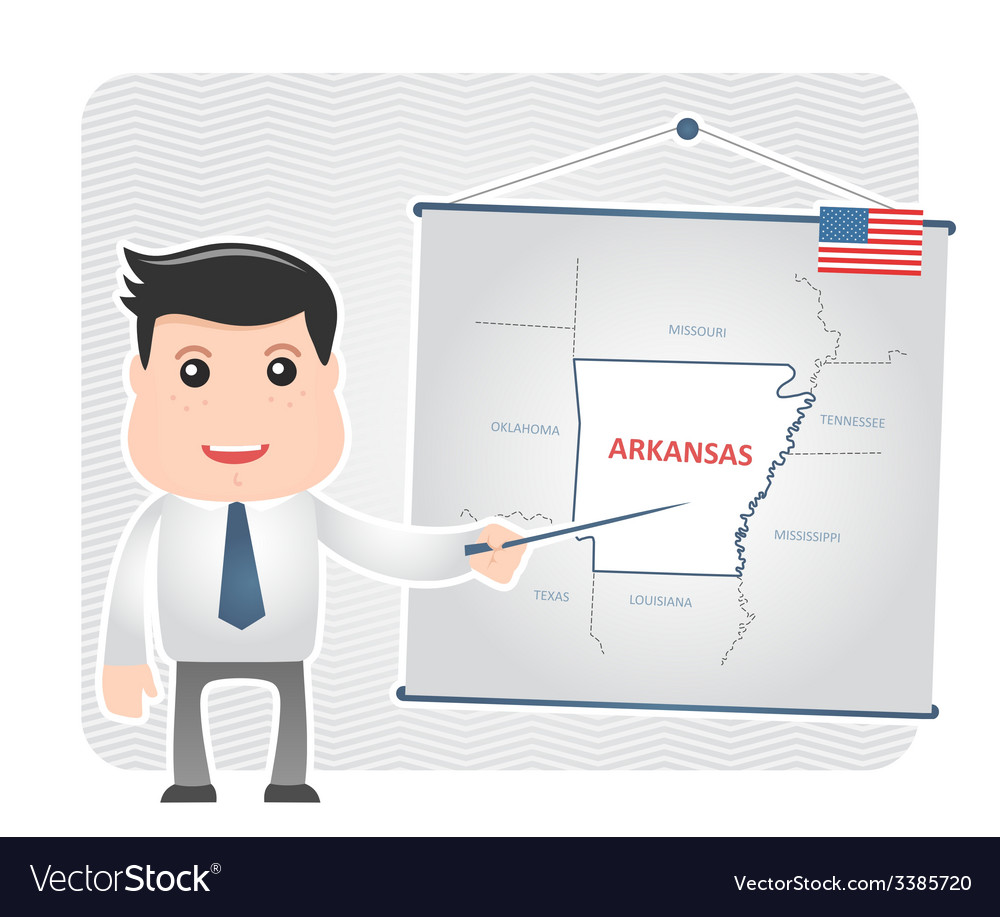 Man with a pointer points to map of arkansas