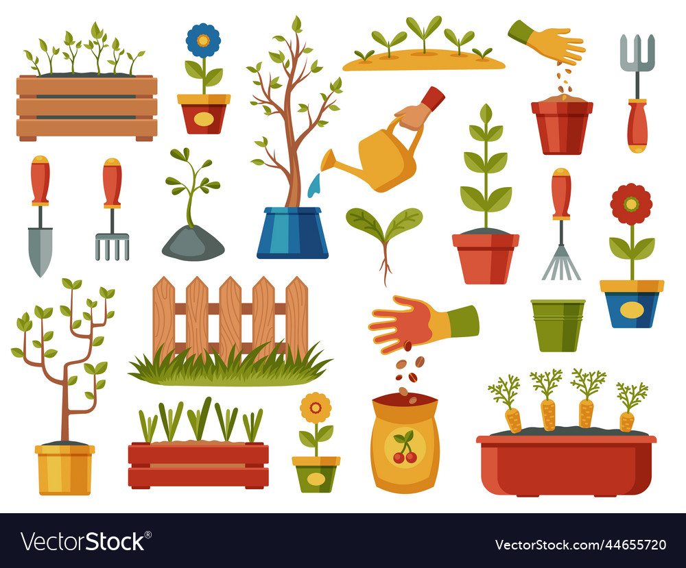 Planting seeds collection cartoon garden tools Vector Image