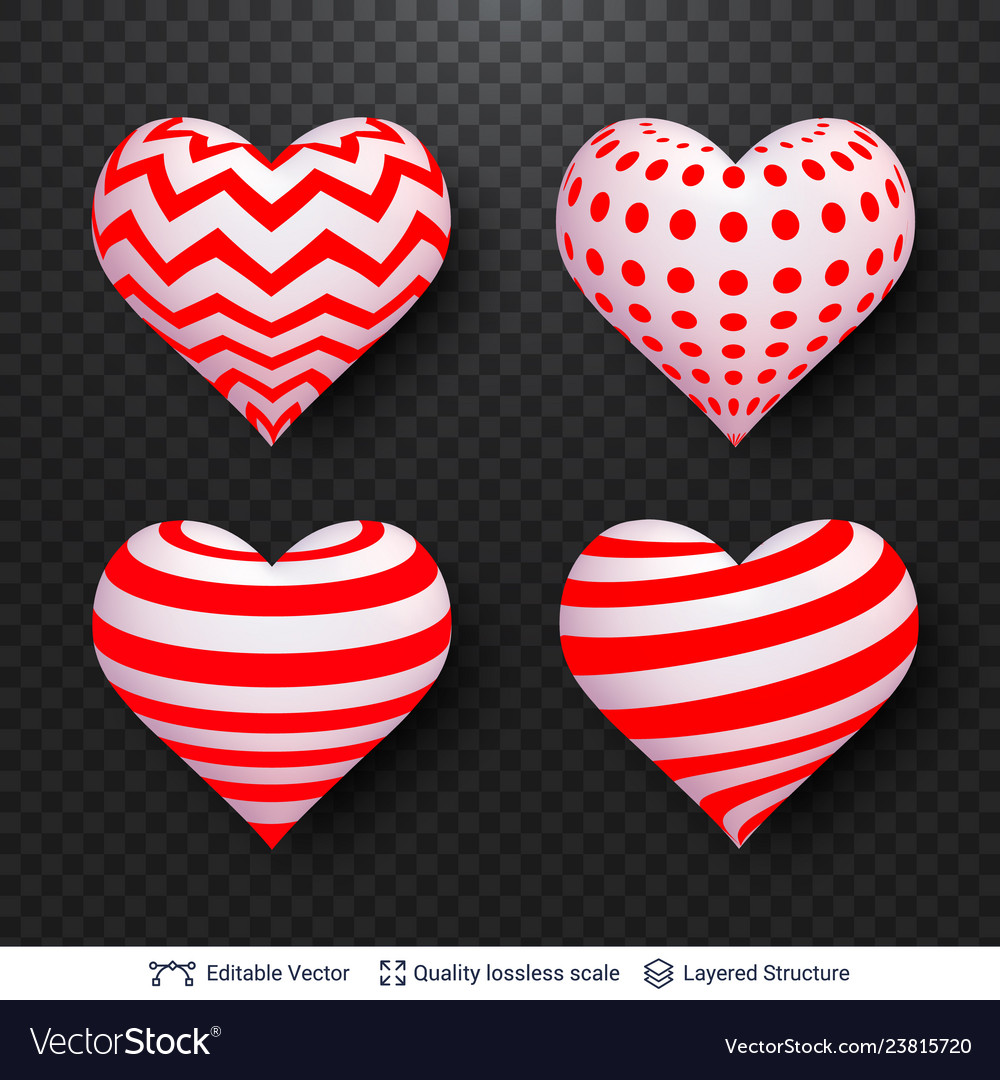 Set of 3d hearts with red and white patterns