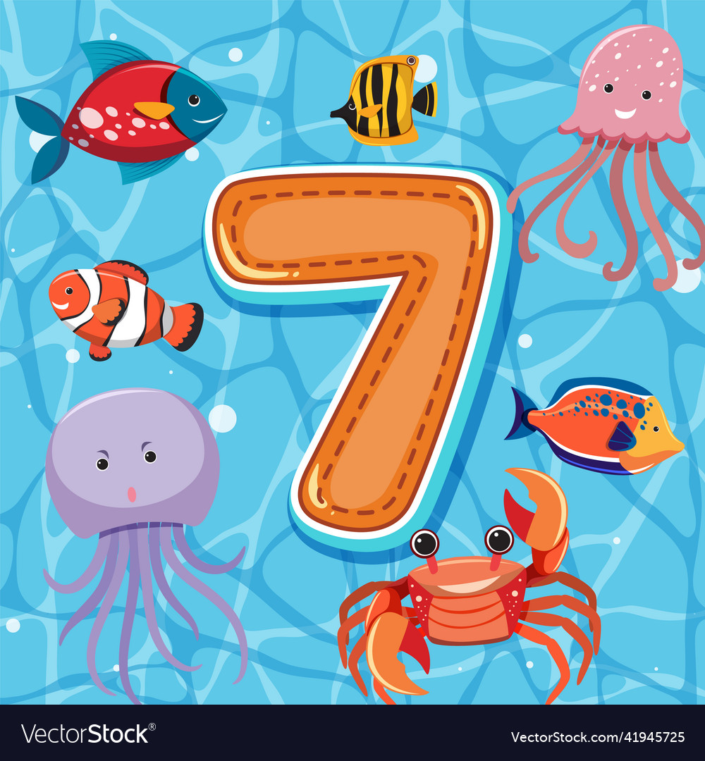 Number seven with sea animals Royalty Free Vector Image