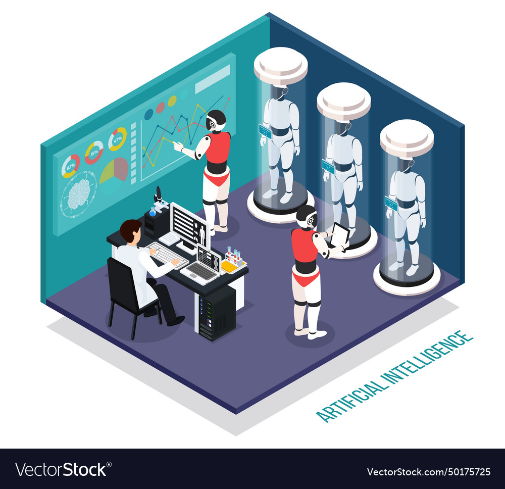 Robots droids isometric composition Vector Image Robots droids isometric composition