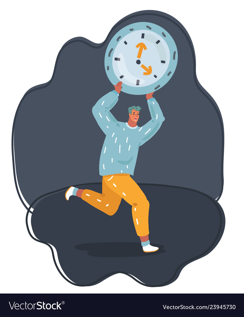 Big clock on shoulder of run tiny man Royalty Free Vector