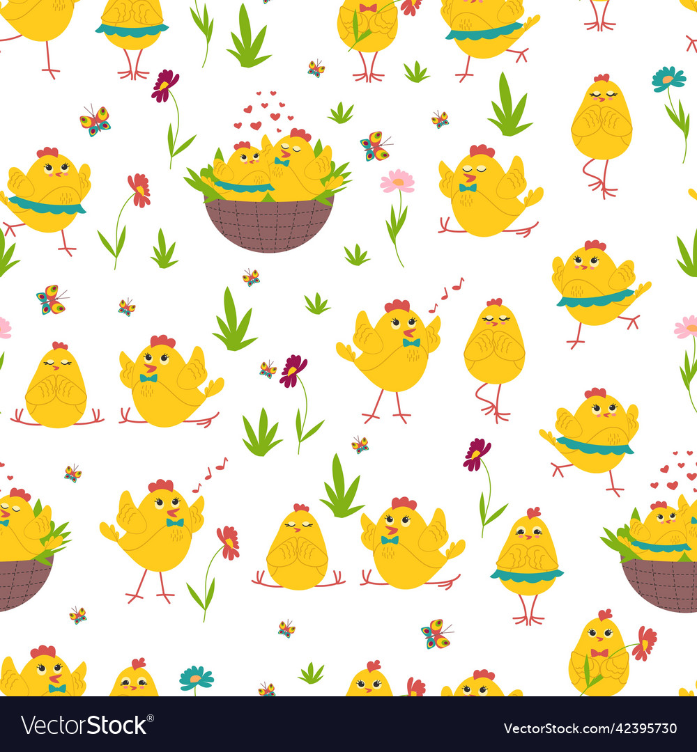 Cute chickens in different poses flowers