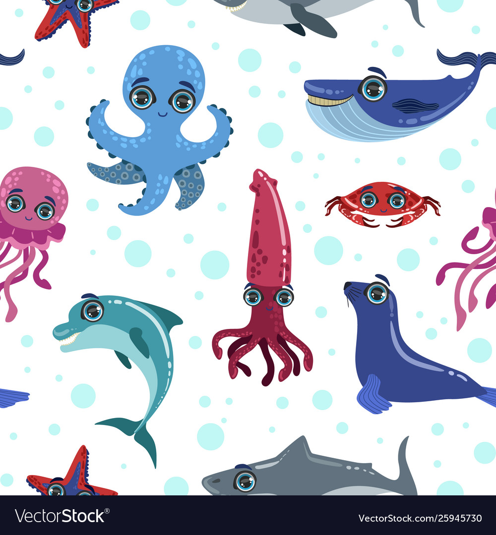 Sea animals seamless pattern with cute