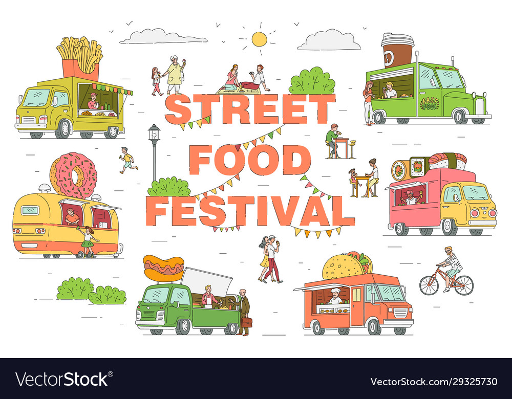 Street food festival trucks set sketch Royalty Free Vector