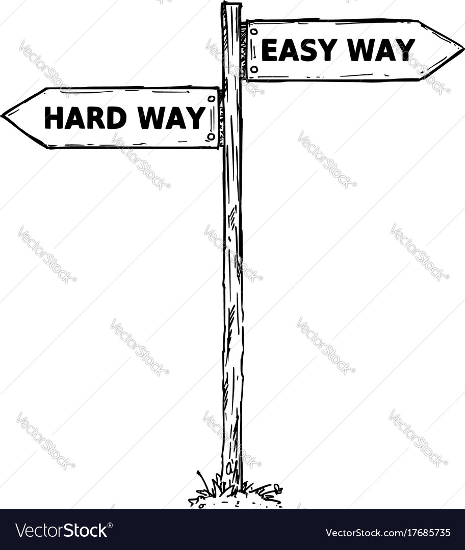 Cartoon direction sign with two decision arrows