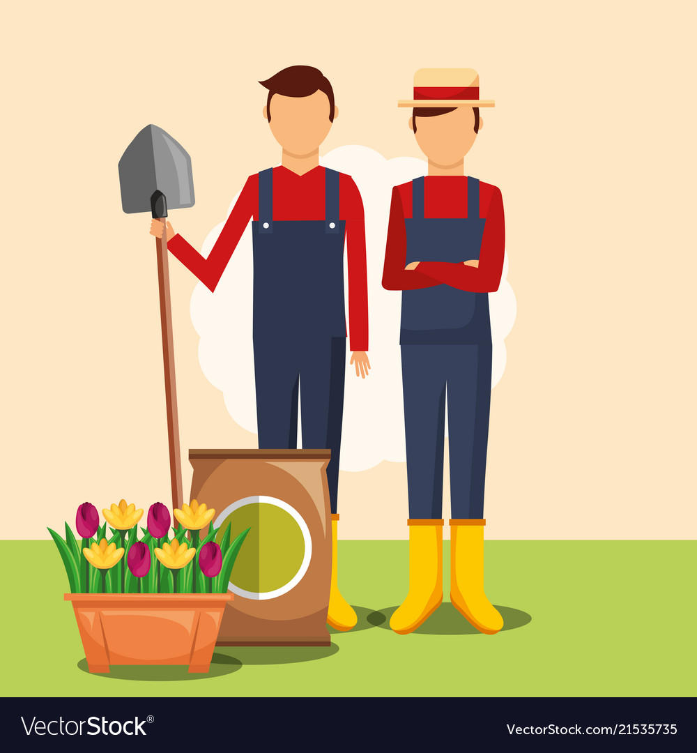 Gardeners man with shovel potting soil and flowers