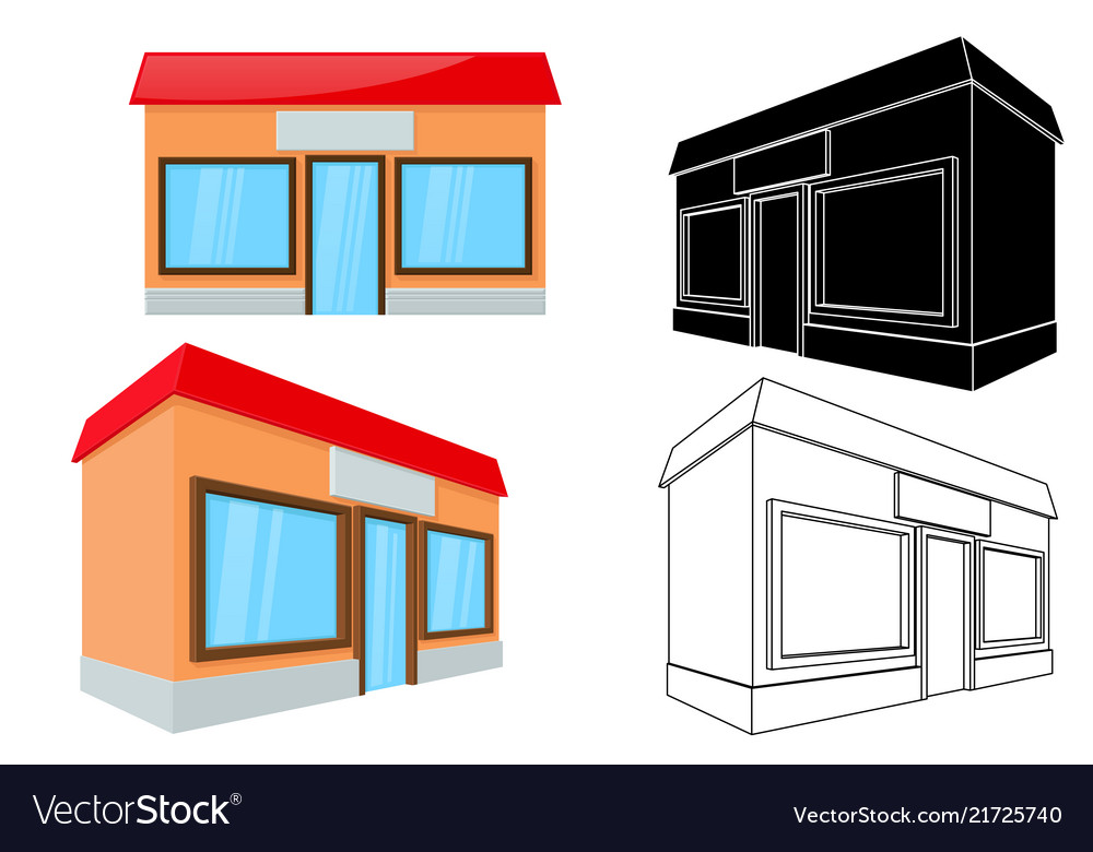 Shop building front and side view 3d outline
