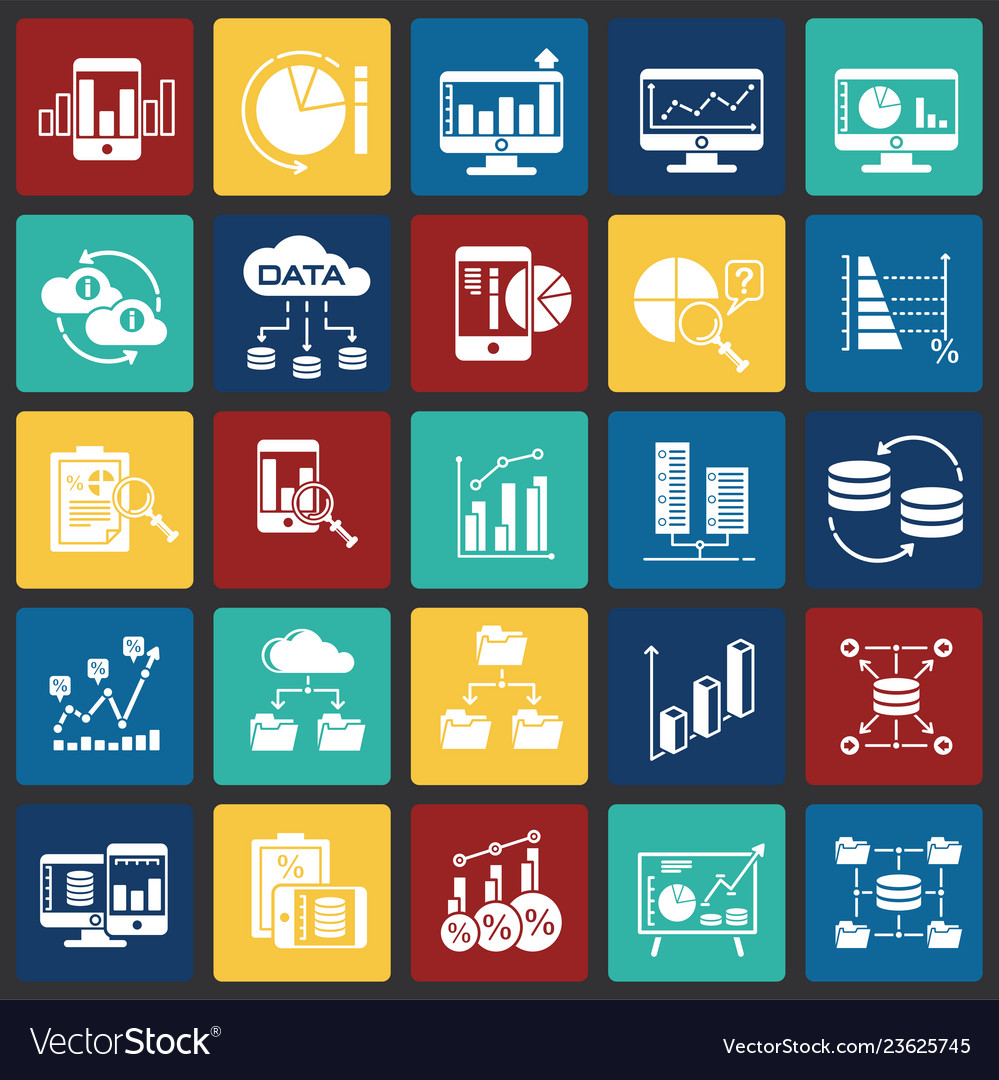 Data analysys icons set on color squares vector image Data analysys icons set on color squares