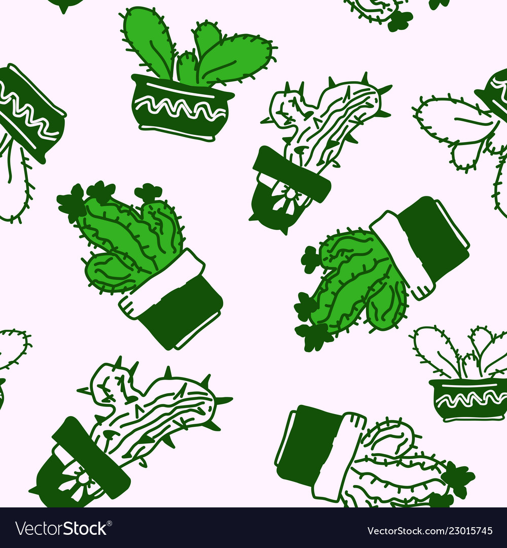 Seamless pattern of drawn cactus in pots