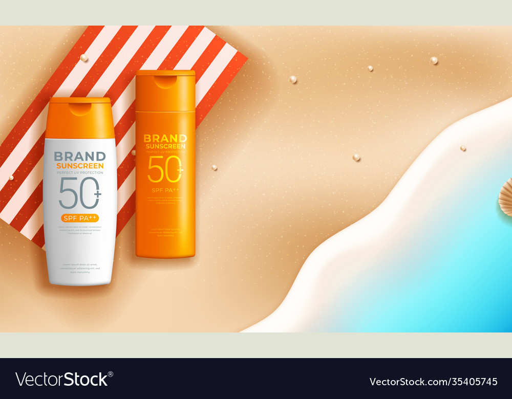 Sunscreen Ads At Relax Summer Beach Scene Vector Image